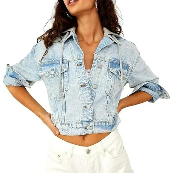 We the Free People Brando Denim Hoodie Jacket Malta Acid Wash Size XS Cropped - Picture 13 of 13